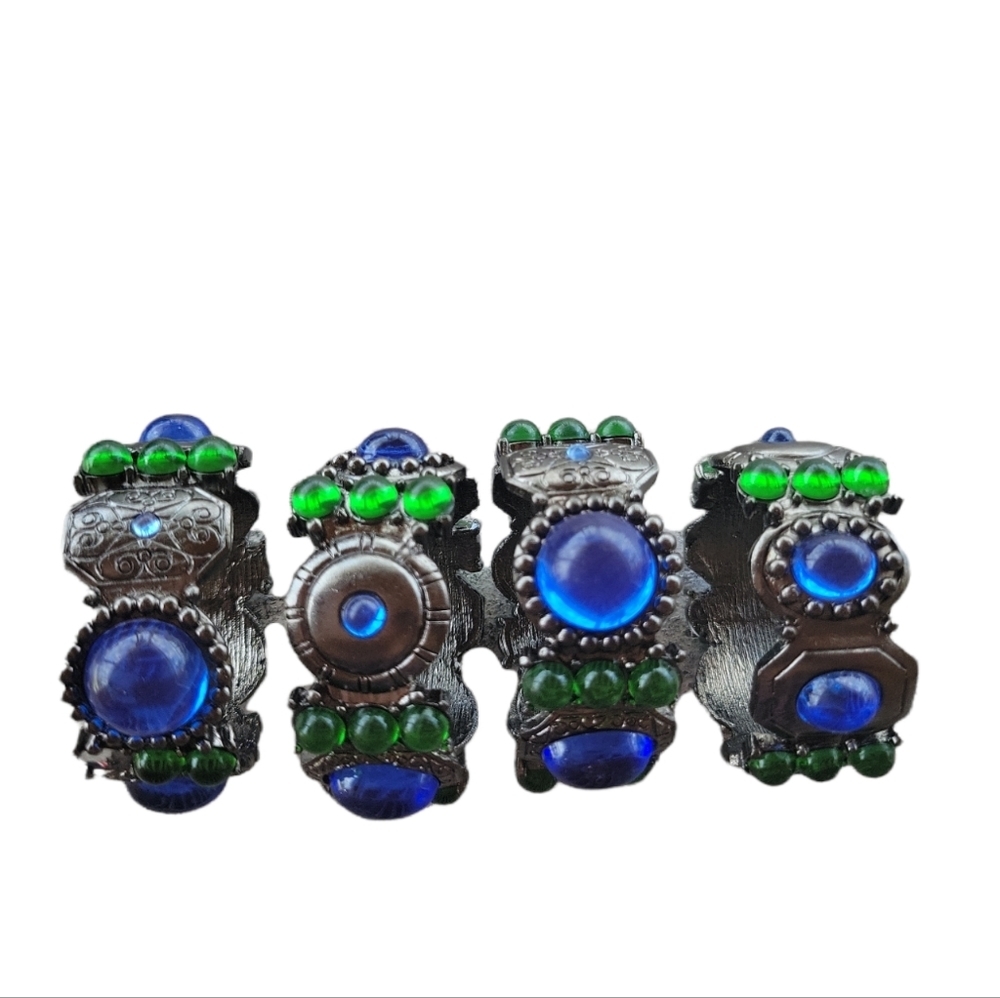 Royal blue Emeral green bead rhinestones silver tone napkin rings set of 4 - Picture 1 of 8